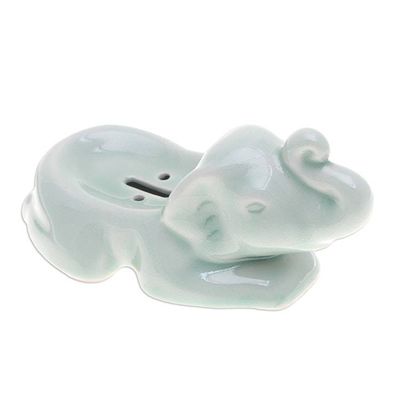 Alternate image for Handcrafted Celadon Ceramic Elephant Soap Dish in Green Elephant Clean