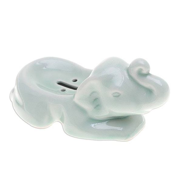 Alternate image for Handcrafted Celadon Ceramic Elephant Soap Dish in Green Elephant Clean