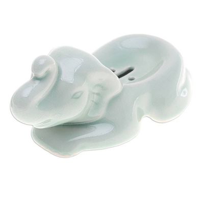 Alternate image for Handcrafted Celadon Ceramic Elephant Soap Dish in Green Elephant Clean