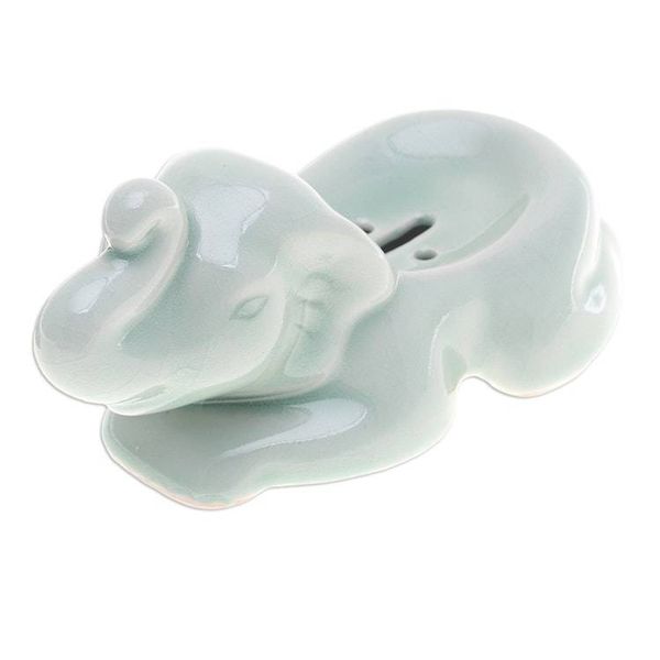 Alternate image for Handcrafted Celadon Ceramic Elephant Soap Dish in Green Elephant Clean