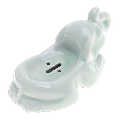 Alternate image for Handcrafted Celadon Ceramic Elephant Soap Dish in Green Elephant Clean
