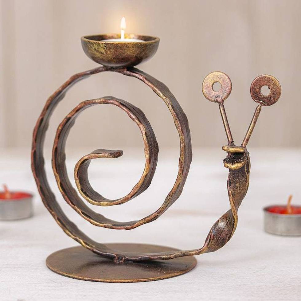 Handcrafted Iron Snail Tealight Holder in Copper Hue 'Happy Snail'