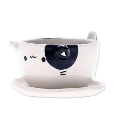 Alternate image for Handcrafted Cat-Shaped Ceramic Mini Flower Pot with Saucer Kitty Magic