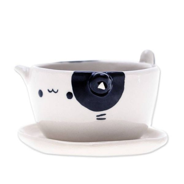 Alternate image for Handcrafted Cat-Shaped Ceramic Mini Flower Pot with Saucer Kitty Magic