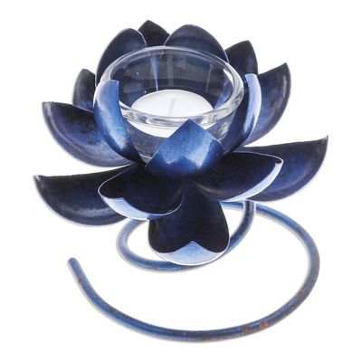 Alternate image for Handmade Steel Iron Lotus Flower Tealight Holder in Blue Lotus Flame in Blue