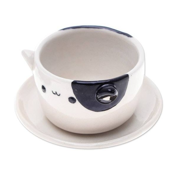 Alternate image for Cat-Themed Ivory Black Ceramic Mini Flower Pot with Saucer Kitty Delight