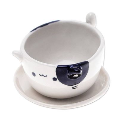 Alternate image for Handcrafted Cat-Shaped Ceramic Mini Flower Pot with Saucer Kitty Magic