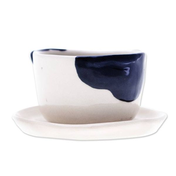 Alternate image for Cat-Themed Ivory Black Ceramic Mini Flower Pot with Saucer Kitty Delight