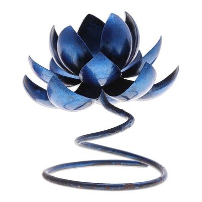 Alternate image for Handmade Steel Iron Lotus Flower Tealight Holder in Blue Lotus Flame in Blue