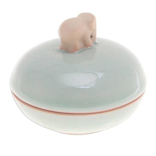 Alternate image for Thai Celadon Ceramic Elephant-Themed Jar with Lid in Green Elephant Allure