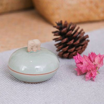 Alternate image for Thai Celadon Ceramic Elephant-Themed Jar with Lid in Green Elephant Allure
