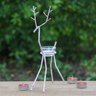 Alternate image for Handcrafted Iron Reindeer Tealight Holder in White and Red Winter Reindeer in Red