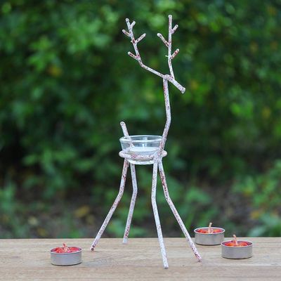 Alternate image for Handcrafted Iron Reindeer Tealight Holder in White and Red Winter Reindeer in Red