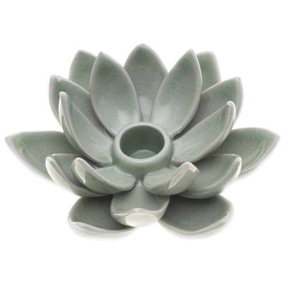 Alternate image for Green Celadon Ceramic Candle Holder with Lotus Flower Motif Lotus Splendor in Green