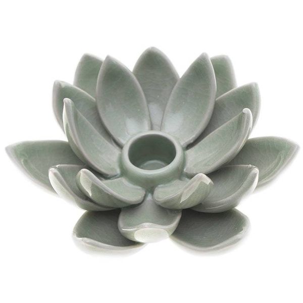 Alternate image for Green Celadon Ceramic Candle Holder with Lotus Flower Motif Lotus Splendor in Green