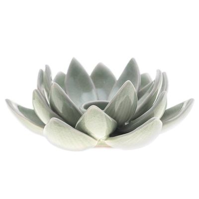 Alternate image for Green Celadon Ceramic Candle Holder with Lotus Flower Motif Lotus Splendor in Green