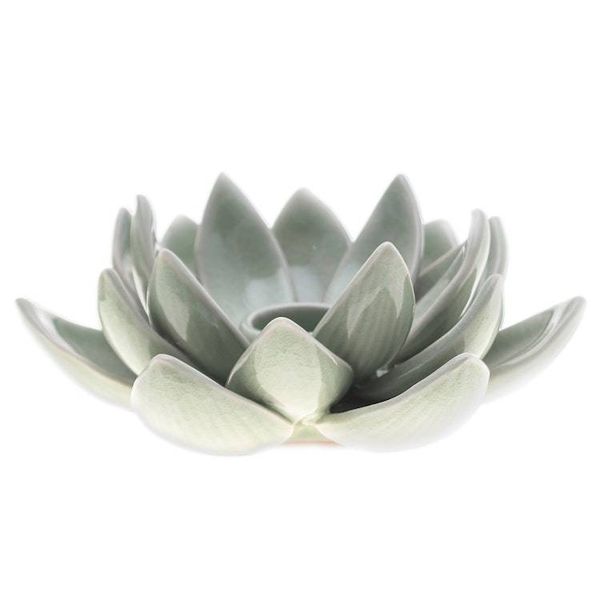 Alternate image for Green Celadon Ceramic Candle Holder with Lotus Flower Motif Lotus Splendor in Green