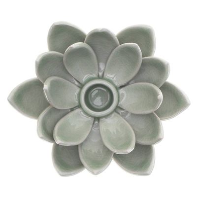 Alternate image for Green Celadon Ceramic Candle Holder with Lotus Flower Motif Lotus Splendor in Green