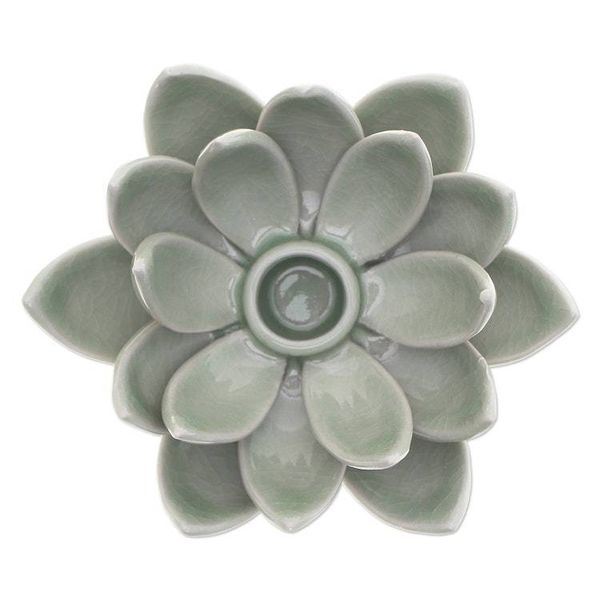 Alternate image for Green Celadon Ceramic Candle Holder with Lotus Flower Motif Lotus Splendor in Green