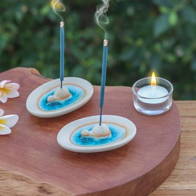 Alternate image for Handcrafted Turtle-Themed Ceramic Incense Holders Pair Turtle World