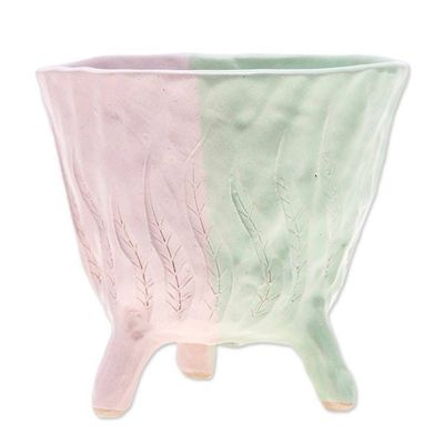 Alternate image for Handcrafted Leafy Ceramic Flower Pot in Green and Pink Tones Green Roots