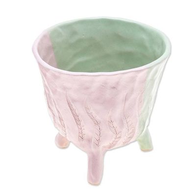 Alternate image for Handcrafted Leafy Ceramic Flower Pot in Green and Pink Tones Green Roots