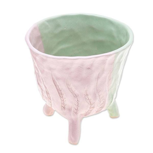 Alternate image for Handcrafted Leafy Ceramic Flower Pot in Green and Pink Tones Green Roots