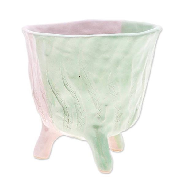 Alternate image for Handcrafted Leafy Ceramic Flower Pot in Green and Pink Tones Green Roots