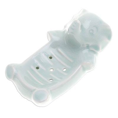 Alternate image for Handcrafted Green Celadon Ceramic Elephant-Themed Soap Dish Elephant Wash