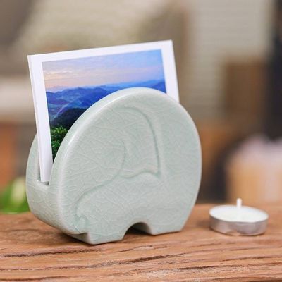 Alternate image for Crackled Light Green Celadon Ceramic Elephant Card Holder Homely Elephant