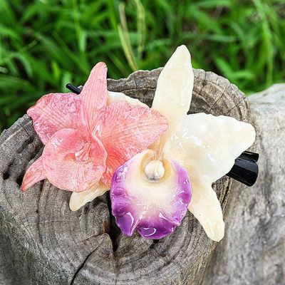 Alternate image for Thai-Made Ivory and Pink Natural Cattleya Flower Hair Clip Princess Cattleya