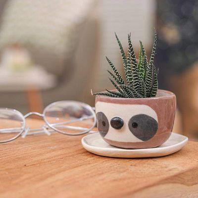 Alternate image for Glazed Handmade Sloth-Themed Ceramic Mini Flower Pot Small Sloth Spring