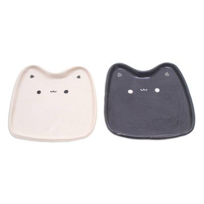 Alternate image for Set of 2 Cat-Shaped Black and White Ceramic Catchalls Black White Felines