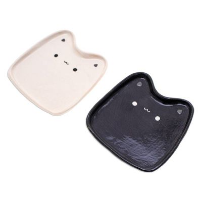 Alternate image for Set of 2 Cat-Shaped Black and White Ceramic Catchalls Black White Felines