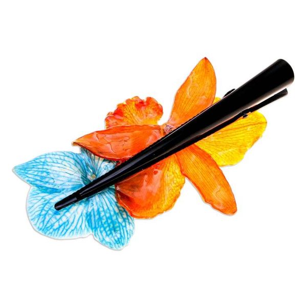 Alternate image for Summer-Themed Turquoise and Orange Orchid Flower Hair Clip Summer Belle