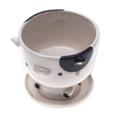 Alternate image for Cat-Shaped Ivory Black Ceramic Mini Flower Pot with Saucer Adorable Kitty