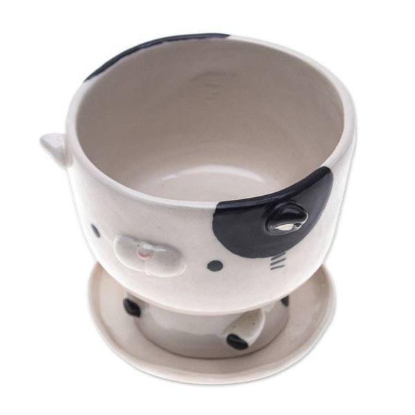 Alternate image for Cat-Shaped Ivory Black Ceramic Mini Flower Pot with Saucer Adorable Kitty