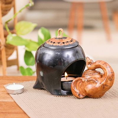 Alternate image for Thai Handmade Elephant-Themed Dark Grey Ceramic Oil Warmer Gentle Giants Palace