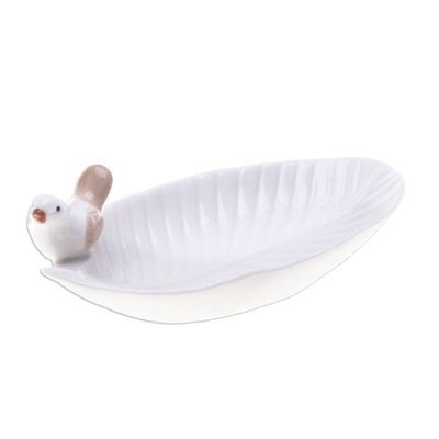 Alternate image for Handcrafted Bird-Themed Leaf-Shaped White Ceramic Catchall Chants of Peace