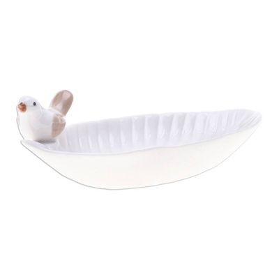 Alternate image for Handcrafted Bird-Themed Leaf-Shaped White Ceramic Catchall Chants of Peace