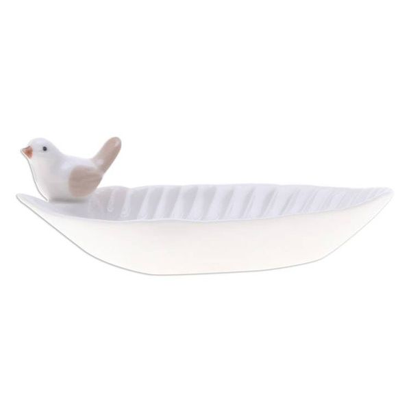 Alternate image for Handcrafted Bird-Themed Leaf-Shaped White Ceramic Catchall Chants of Peace