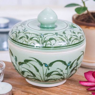 Alternate image for Rice Flower and Bird-Themed Celadon Ceramic Decorative Jar Blooming Rice Plant