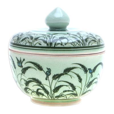 Alternate image for Rice Flower and Bird-Themed Celadon Ceramic Decorative Jar Blooming Rice Plant