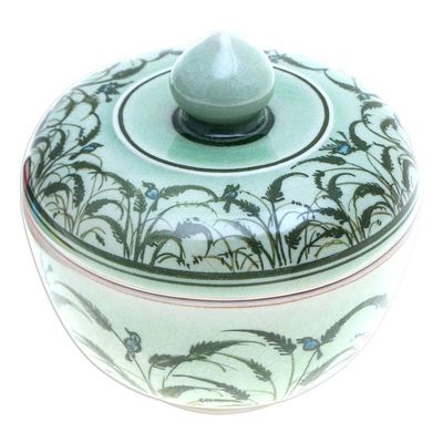 Alternate image for Rice Flower and Bird-Themed Celadon Ceramic Decorative Jar Blooming Rice Plant