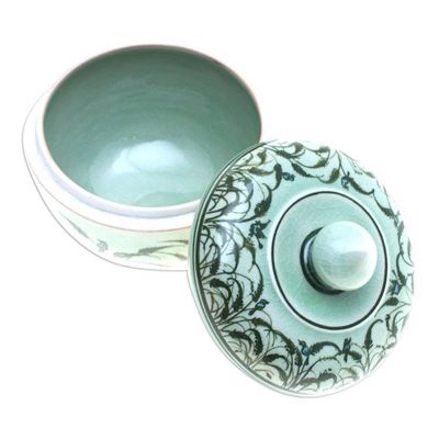Alternate image for Rice Flower and Bird-Themed Celadon Ceramic Decorative Jar Blooming Rice Plant