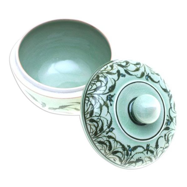 Alternate image for Rice Flower and Bird-Themed Celadon Ceramic Decorative Jar Blooming Rice Plant