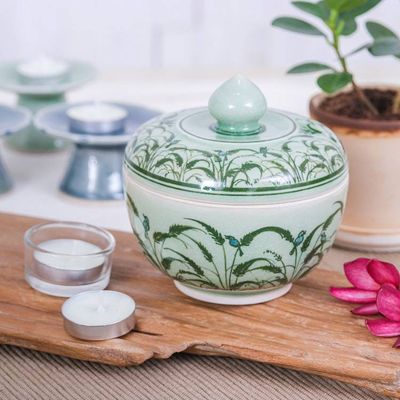Alternate image for Rice Flower and Bird-Themed Celadon Ceramic Decorative Jar Blooming Rice Plant