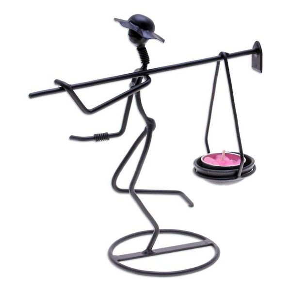 Alternate image for Modern Iron Tealight Holder of Man Carrying Weight in Black On my Way