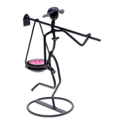 Alternate image for Modern Iron Tealight Holder of Man Carrying Weight in Black On my Way
