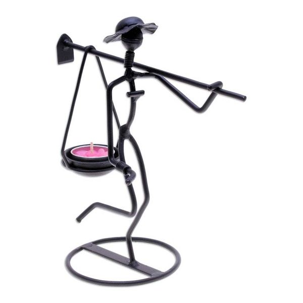 Alternate image for Modern Iron Tealight Holder of Man Carrying Weight in Black On my Way